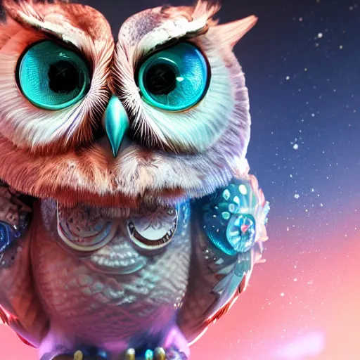 Prompt: cute owl, charactor, with big blue eyes, with a crown on his head, magical, warrior, hyper detailed, stylistic, symmetrical, 3 d render, photorealitic, 8 k, octane render