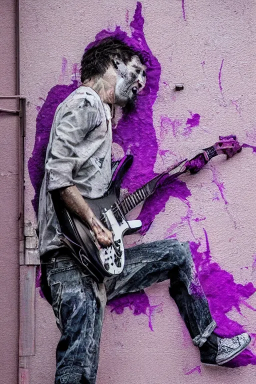 Image similar to dripping purple faded paint across the shape of a human playing guitar, realistic, extremely detailed, coming out of the building