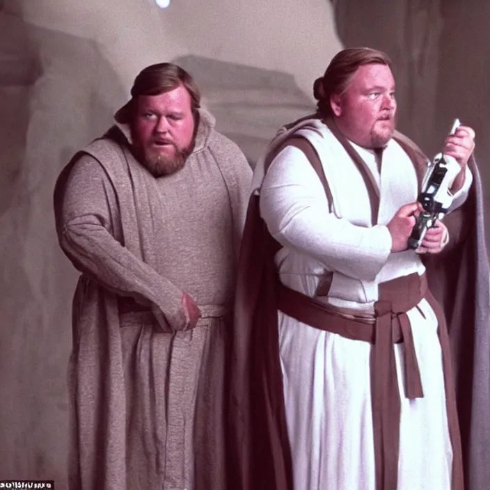 Image similar to obi wan kenobi but obese!! and overweight dressed as as princess leia, photoralistic rendering, movie still, screenshot, hyperdetailed