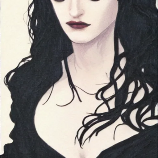 Image similar to portrait of a young eva green as yennefer from the witcher wearing black robes