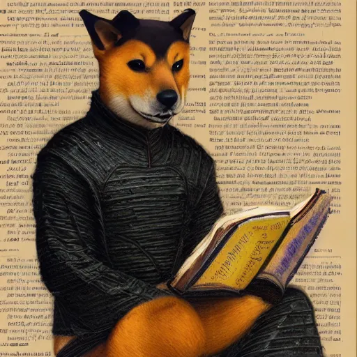 Prompt: lotus pose, anthropomorphic shiba inu, wearing for man ukrainian traditional black vyshyvanka clothes, reading book, portrait art by donato giancola and greg rutkowski, realistic face, digital art, trending on artstation, symmetry