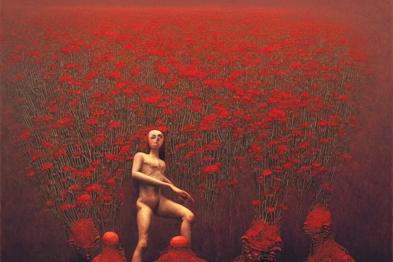 Image similar to only with red, red flowers of different types, a red tiger, a castle in the background, medieval demons dance over the flowers, an ancient path, in the style of beksinski, part by hopper, part by rodcenko, part by hofbauer, intricate composition, red by caravaggio, insanely quality, highly detailed, masterpiece, red light, artstation