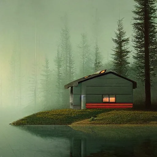 Prompt: “ swedish futuristic cabin next to the lake in the forest by simon stalenhag, misty morning, cinematic ”