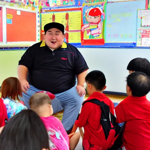 Image similar to fat kazakh guy in a red baseball cap teaching kids in school