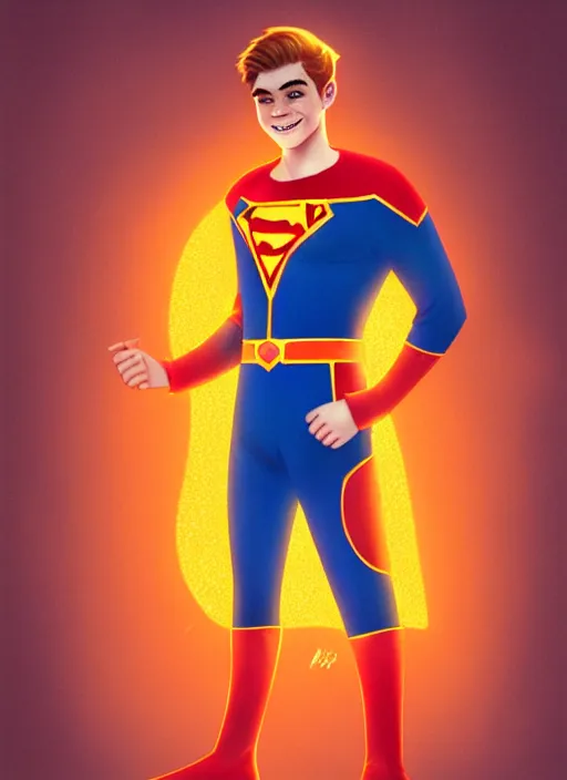 Image similar to friendly teenage archie andrews wearing an orange superhero costume with heart logo, freckles, superhero costume, heart emblem on chest, cape, intricate, elegant, glowing lights, highly detailed, digital painting, artstation, sharp focus, illustration, art by wlop, mars ravelo and greg rutkowski