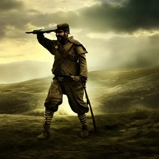 Image similar to in pyrus victory a lone commander, wounded soldiers, lost war, dramatic lighting, hd quality, 8 k resolution