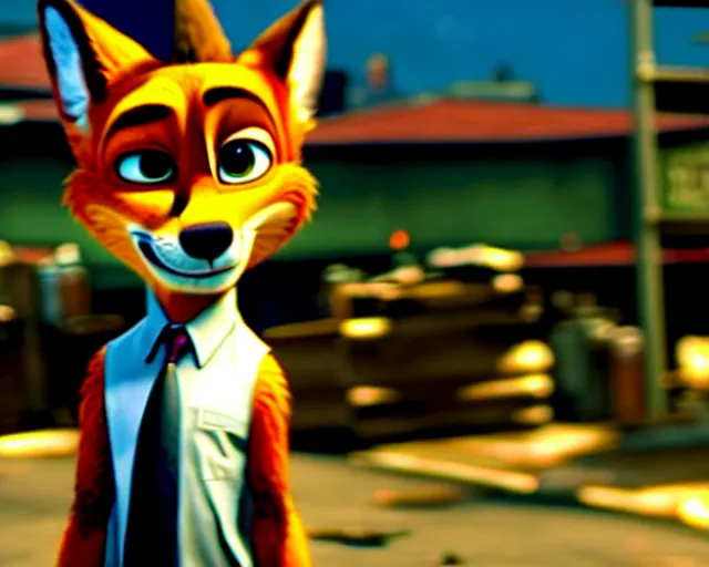 Image similar to nick wilde as max payne 3 set in gritty neo - noir zootopia, gun battle through the favela / furvela