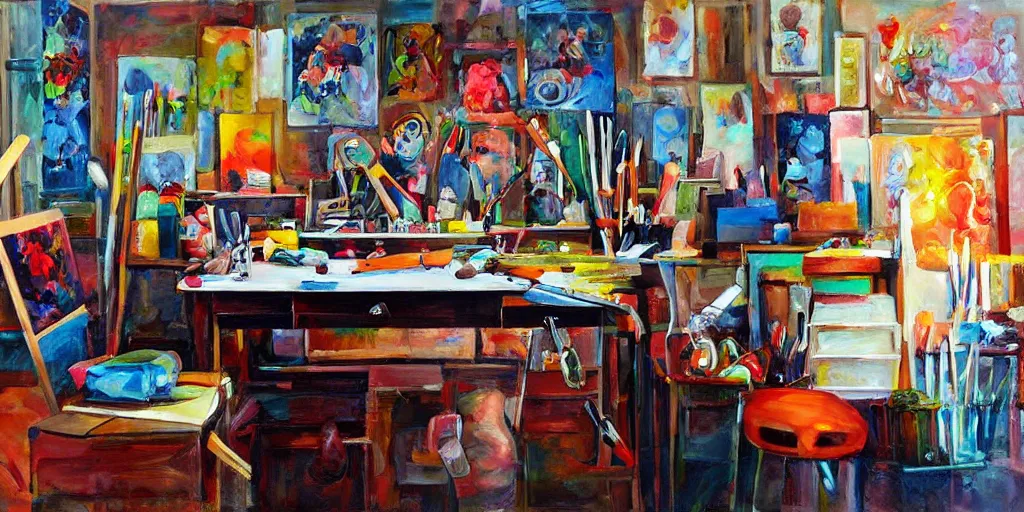 Image similar to artist painter workplace with tools and paints, art style by bryen frost