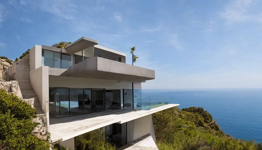 Image similar to modern house perched on a cliff overlooking a magnificient bay, raphael lacoste