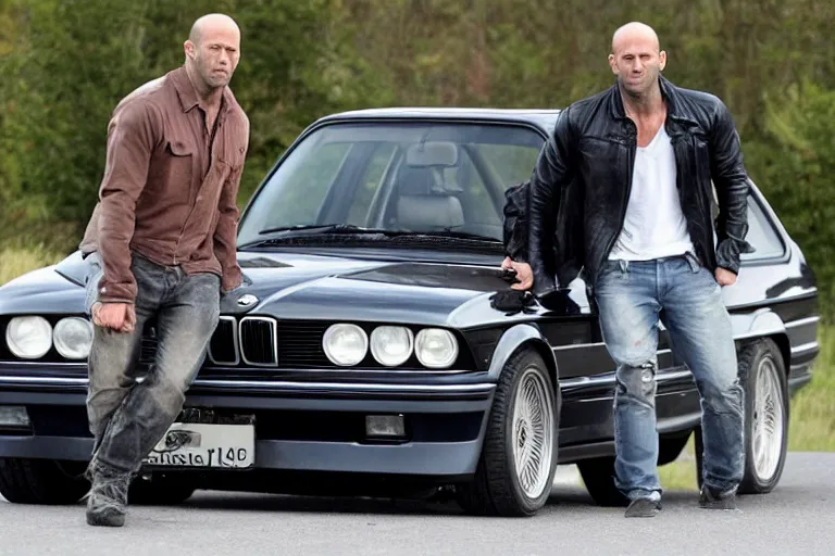 Image similar to giant Jason Statham picks up a BMW e30