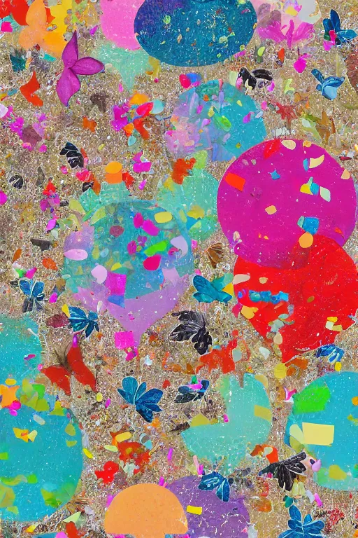 Image similar to detailed illustration, a confetti background, collage, may gibbs, layered composition, layers, texture, textured, layered, sculpted, dynamic, 🦋, 🎈,