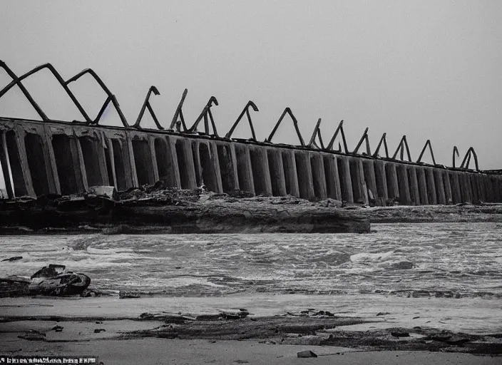 Image similar to grainy futuristic photo of the remains of an enormous broken freeway bridge on the new york coast after the apocalypse ; the bridge leads into the wide ocean