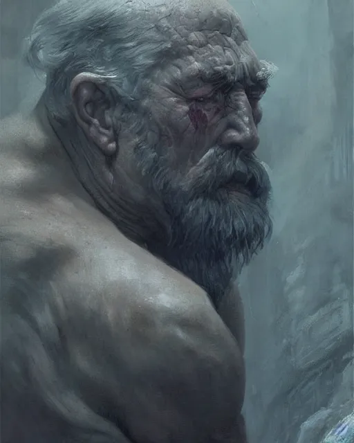 Prompt: old man with a big scar on his blind left eye, elegant, hard edges, wrath, muscles, ethereal, horror, fantasy art by greg rutkowski and magali villeneuve and claude monet