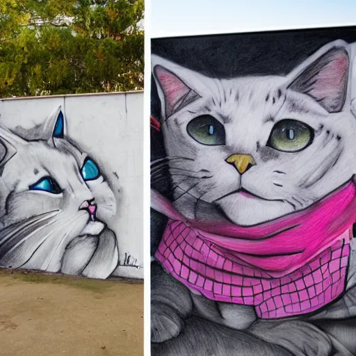 Prompt: Photo of a Graffiti wall with a drawing of a cat by Colette Miller