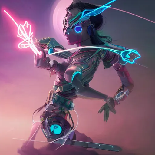 Prompt: action portrait of an astonishing beautiful futuristic robot archer, glowing neon bow, dungeons and dragons character design, artgerm and peter mohrbacher style, 4k