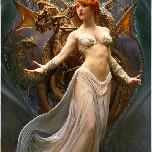 Image similar to a a very detailed stunning dynamic pose full body of a celestial goddess of the dragons, intricate, 8k highly professionally detailed, hdr, CGSociety, dark fantasy, dynamic lighting, cinematic, pristine, smooth, cosplay, elegant, sharp focus, a very detailed art by alphonse mucha and greg rutkowski,