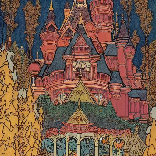 Prompt: detailed ivan bilibin and edmund dulac and ilya kuvshinov and katsuhiro otomo inspired print of a castle in winter