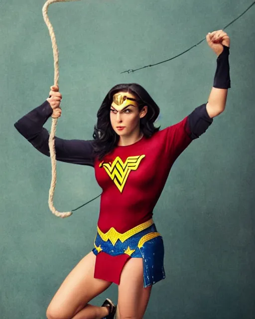 Prompt: a Chimpanzee holding a lasso dressed as Wonder Woman photographed in the style of Annie Leibovitz, photorealistic
