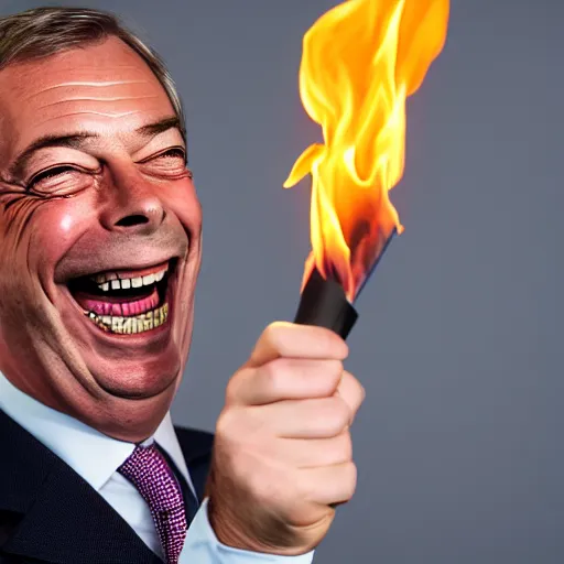 Image similar to nigel farage laughing holding lighter, burning eu flag, studio photograph, hd, studio