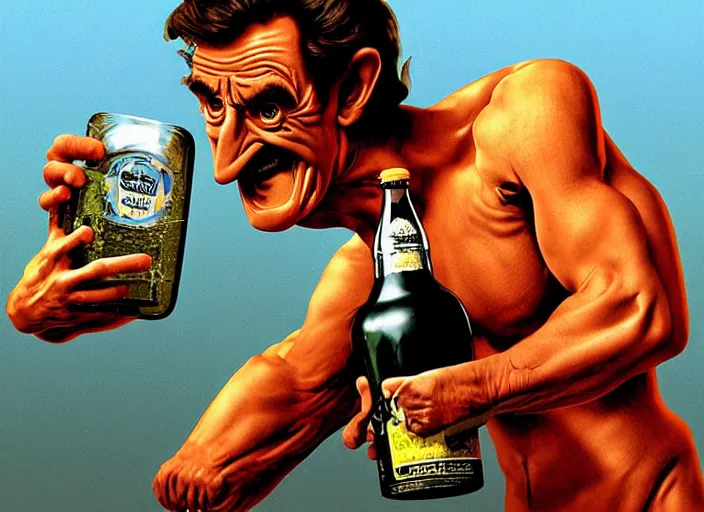 Image similar to barry chuckle chugging a bottle of snake oil, artwork by richard corben, 3 d, high resolution 8 k