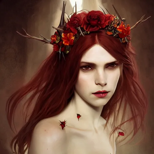 Image similar to portrait of beautiful vampire, flower crown, thorn everywhere, headshot, pale skin, 4k, rule of thirds, extreme detail, detailed drawing, trending artstation, hd, fantasy, D&D, realistic lighting, by Alphonse Mucha, Greg Rutkowski, sharp focus, backlit, bright red hair, thorn tattoos