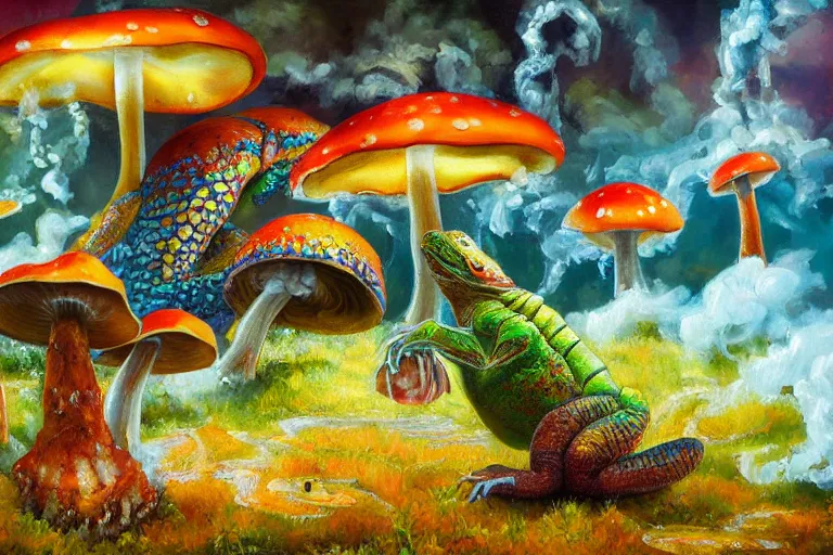 Image similar to highly detailed oil painting of a mushroom lizard in a steaming colorful hotspring, featured on artstation