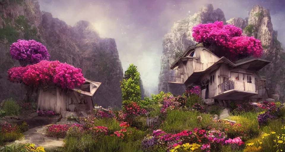 Image similar to small house in canyon filled with flowers, space ship flying by, photorealistic, trending on artstation, moody