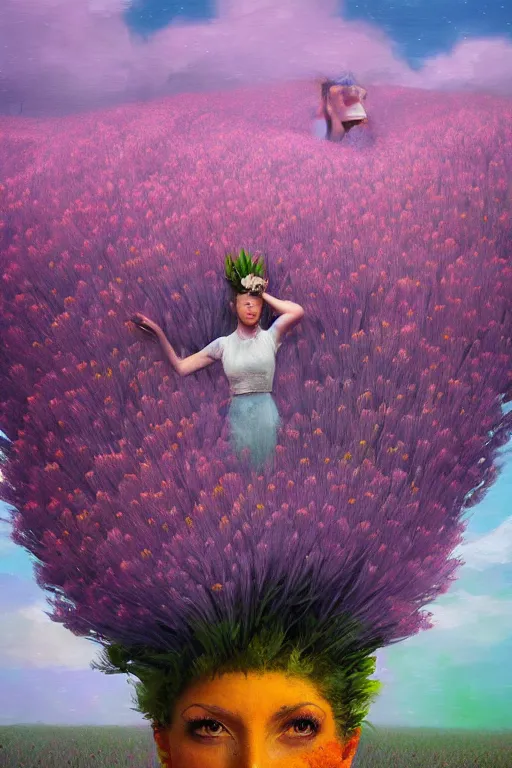 Prompt: closeup, big flowers as head mohawk, woman in heather field, surreal photography, starlight, storm clouds, impressionist painting, digital painting, artstation, simon stalenhag