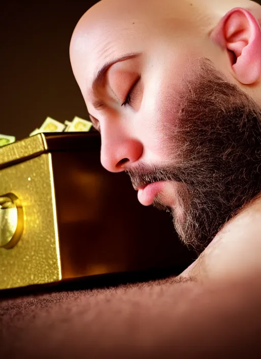 Prompt: bald man with beard sleeping peacefully in a comfortable bed next to an open safe full of shiny gold bars and money. award winning photography. photorealistic.