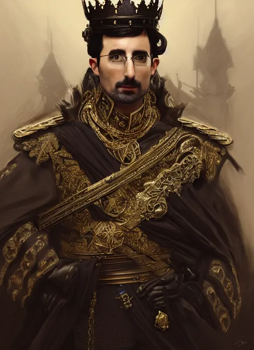 Prompt: portrait of lord john oliver as stoic king, royalty, extravagant, lord, full body, military uniform, fantasy, intricate, elegant, beautiful, highly detailed, charcoal, centered, dark, smokey, digital painting, artstation, concept art, art by artgerm and greg rutkowski and alphonse mucha