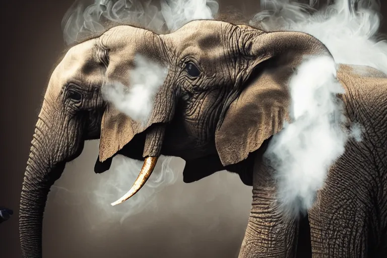 Image similar to ultra realistic photography, picture of ( subject : an elephant blowing smoke ). the scene is set in a gentlemens cigar lounge, a very smokey atmosphere, small thick clouds of cigar smoke, artstation, focus on the elephant, anatomically correct elephant features, extremely detailed and crisply sharp photo, hyperrealistic smoke, figma, sigma, 4 k