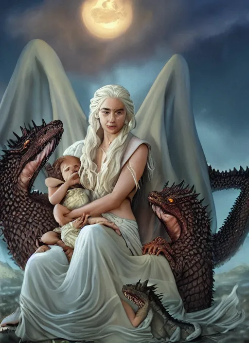 Prompt: queen daenerys stormborn with her dragon babies, by michael whelan, detailed matte painting, 8 k resolution