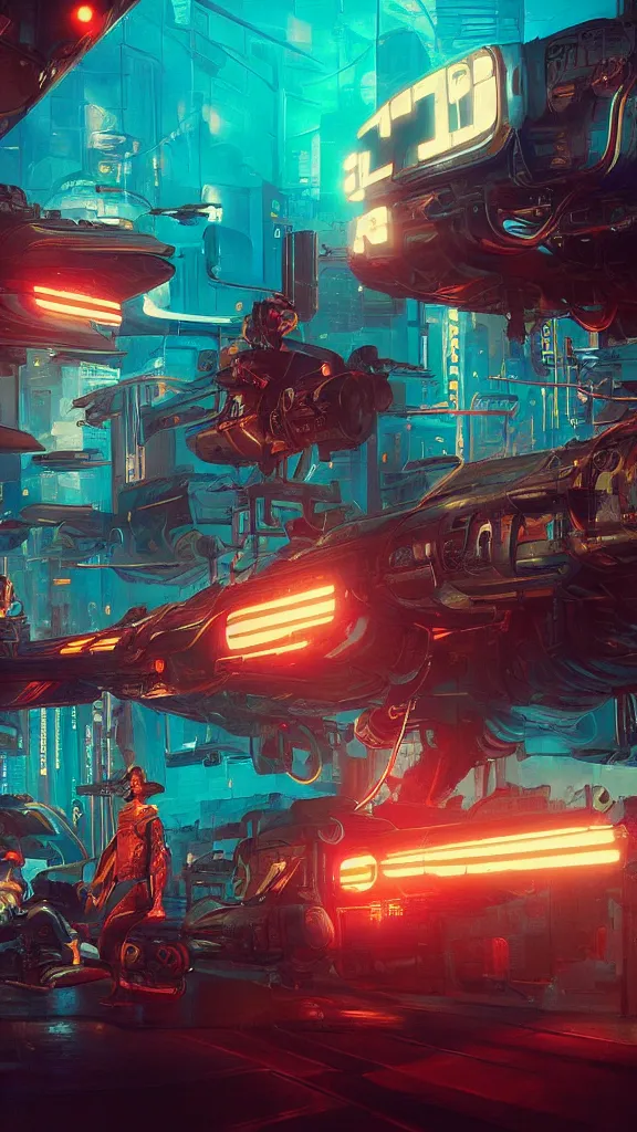 Image similar to concept art, retro - futurist steampunk pilots hang out, octane render, artstation, dramatic neon lighting, reflections, glowing imperial motifs, red turquoise accents, bladerunner, by gerald brom, james jean, syd mead, akihiko yoshida, cinematic