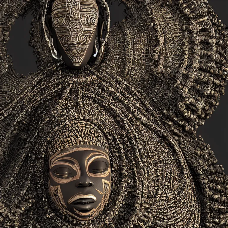 Image similar to hypperrealism octane render portrait by wayne barlow and carlo crivelli and glenn fabry, an afrrican mandinka dancer wearing an elaborate costume and hand - carved mask with intricate painted details emerging from a pool of black shiny ferrofluid inside an ancient roman temple, cinema 4 d, ray traced lighting, very short depth of field, bokeh