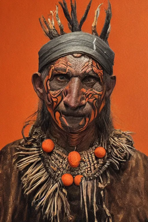 Prompt: portrait, headshot, digital painting, an old shaman in slavic wooden orange - painted ritual mask, realistic, hyperdetailed, chiaroscuro, concept art, art by frans hals