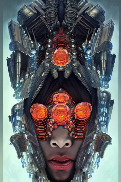 Image similar to asura from chinese myth, ghost, gorgeous and huge head ornaments, dystopian, cyberpunk, organic fractal mycelum and fungi, mecha, halfturn portrait of a big crystal face made of crystals half - turn, ominous, intricate, studio, art by anthony macbain + greg rutkowski + alphonse mucha, concept art, 4 k, sharp focus