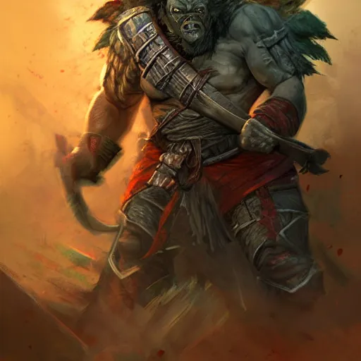 Image similar to Orc fighter wielding a musket, path of exile, artstation, concept art, digital painting, highly detailed, portrait