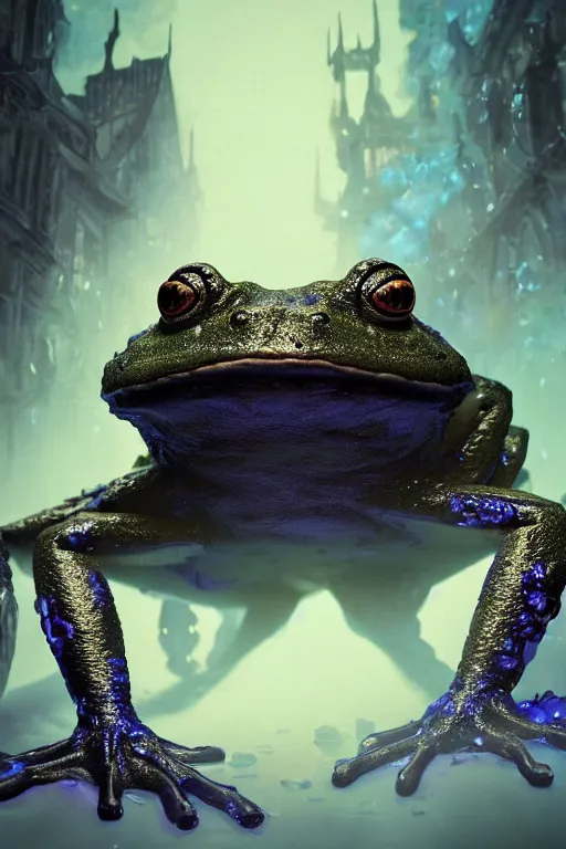 Image similar to a fancy portrait of a monstrous frog covered in blue flames by Greg Rutkowski, Sung Choi, Mitchell Mohrhauser, Maciej Kuciara, Johnson Ting, Maxim Verehin, Peter Konig, Bloodborne , 8k photorealistic, cinematic lighting, HD, high details, atmospheric , trending on artstation