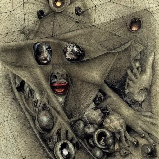 Image similar to in silvery webs, very detailed and colorful, by Odd Nerdrum, by Francisco Goya, by M.C. Escher, beautiful, eerie, surreal, psychedelic