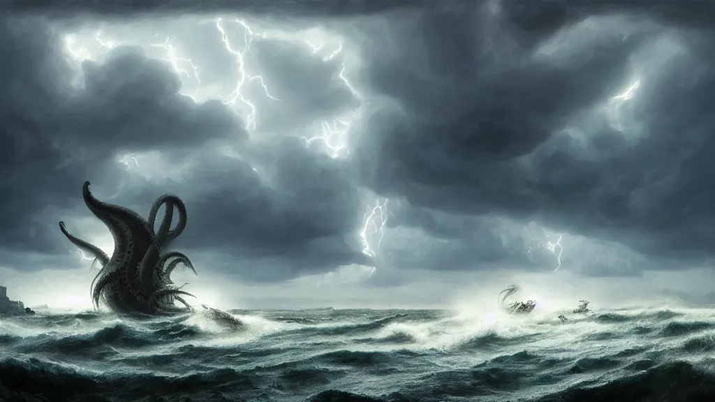 Prompt: small boat in the foreground. massive giant kraken coming out of a stormy sea, giant waves, lightning in background, intricate, detailed, volumetric lighting, sharp focus, scenery, photorealism, digital painting, highly detailed, concept art, ruan jia, steve mccurry