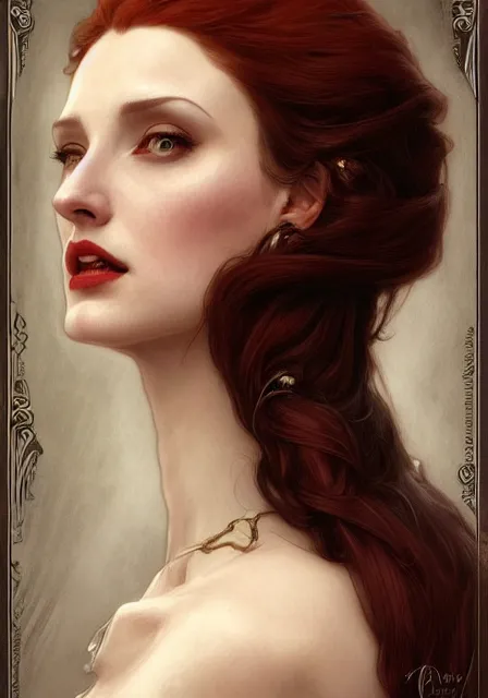 Image similar to sansa angeline jolie gessica chastain victorian vampire, intricate, elegant, highly detailed, digital painting, artstation, concept art, smooth, sharp focus, illustration, art by artgerm and greg rutkowski and alphonse mucha and william - adolphe bouguereau