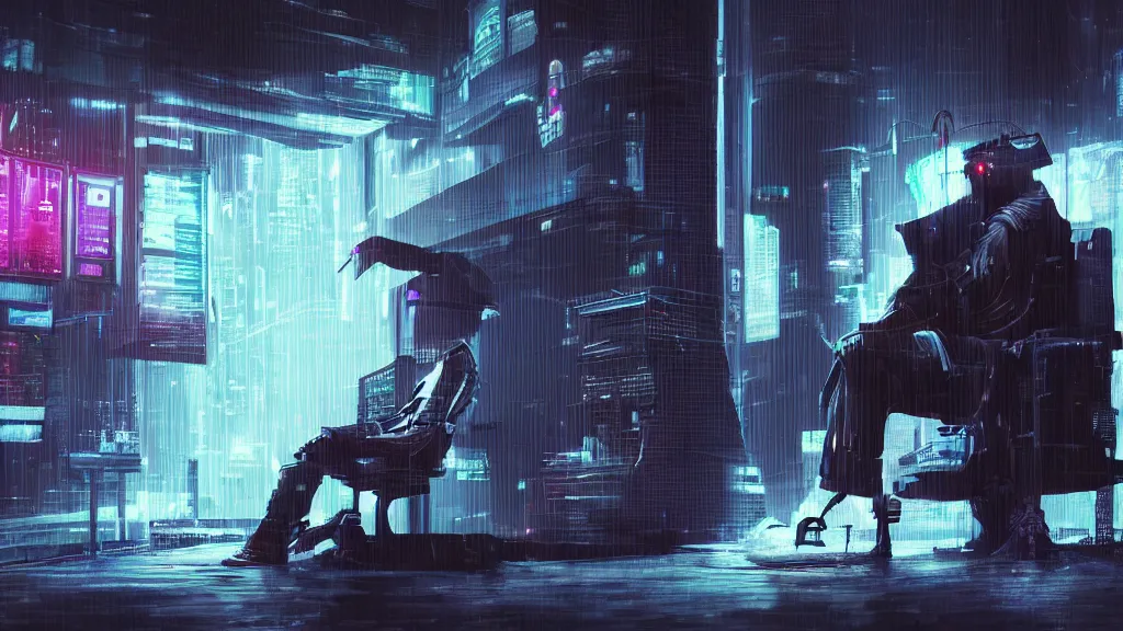 Prompt: a cyberpunk addict lost to the void