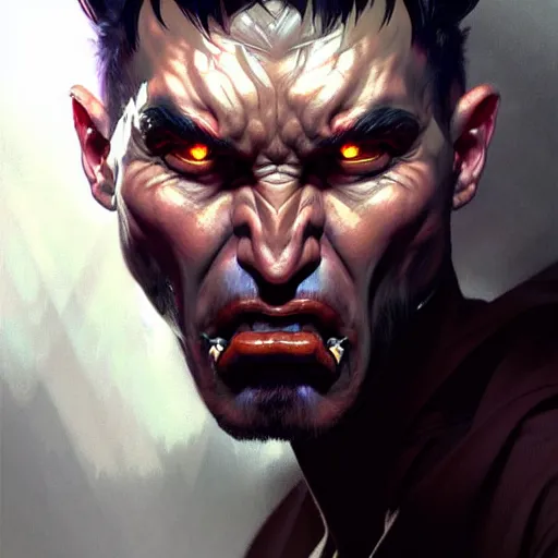 Image similar to face portrait of angry male demon, realistic, high qulity, 4 k, sharp fucos, tranding on art station, illustration, art by artgerm and greg rutkowski and alphonse mucha