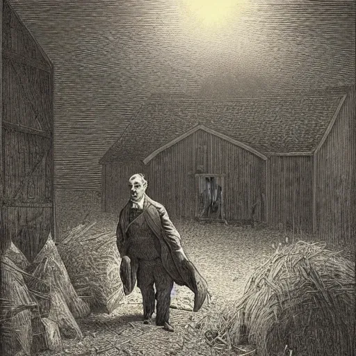 Image similar to pig in a tuxedo walk out of a barn, dramatic lighting, creepy, farm background, chiaroscuro, high detail, illustration by gustave dore