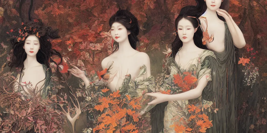 Image similar to breathtaking detailed concept art painting blend of two goddess of autumn by hsiao - ron cheng with anxious piercing eyes, vintage illustration pattern with bizarre compositions blend of flowers and fruits and birds by beto val and john james audubon, exquisite detail, extremely moody lighting, 8 k