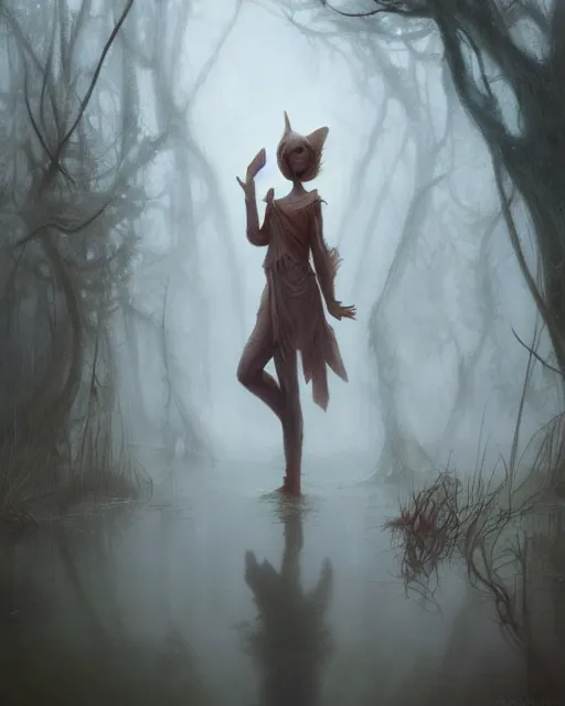 Image similar to a film still close up shot of a pixie in a misty swamp landscape by esao andrews and peter mohrbacher. trending on artstation