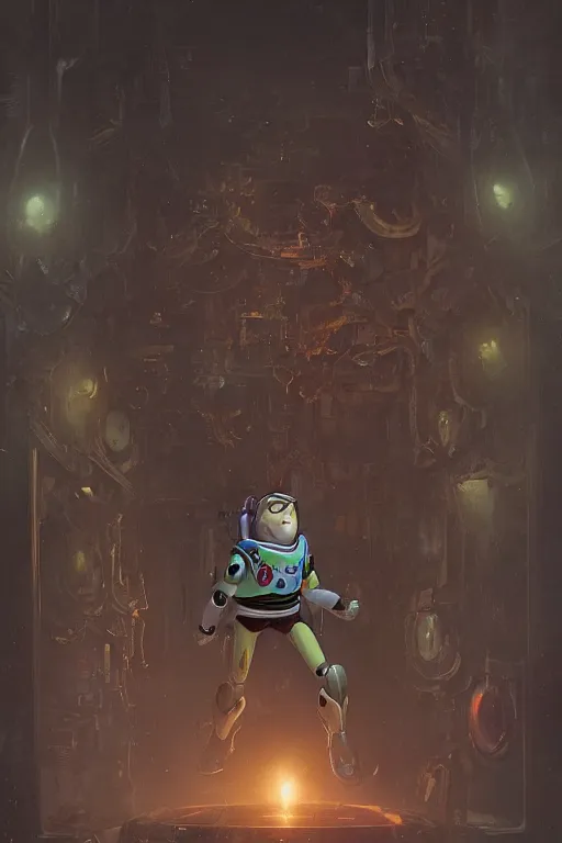 Prompt: A still of buzz lightyear pixar movie, creepy, horror,greg rutkowski, intricate abstract. intricate artwork. nightmare fuel. terrifying. by Tooth Wu, wlop