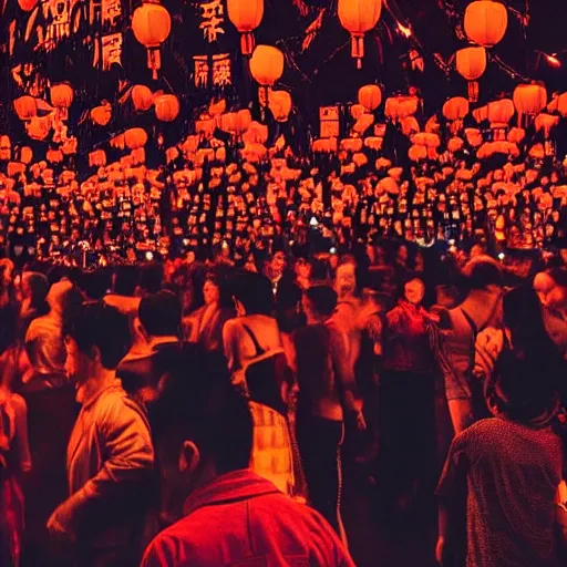 Prompt: a tiny dark black night club with a few red chinese lanterns, people's silhouettes close up, modern people dancing, surrealism