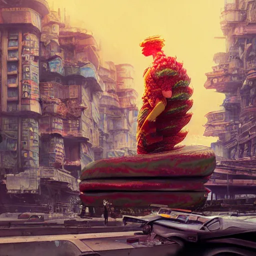 Image similar to Concept Digital Art Highly detailed giant Watermelon warlord protecting Ukrainian city by Stephen Hickman and Beeple. Very highly detailed 8K,Pentax 67, Kodak Portra 400 in style of Hiromasa Ogura Ghost in the Shell, the golden ratio, rational painting