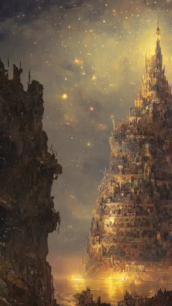 Prompt: a beautiful painting of the tower of babel, at night with a sky full of stars, intricate, elegant, highly detailed, digital painting, artstation, concept art, by krenz cushart and artem demura and alphonse mucha